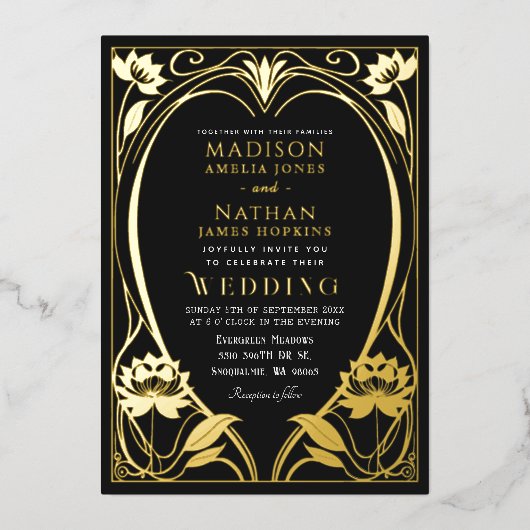 エレガントな蓮のアールヌーヴォーウェディング 箔招待状 (正面)