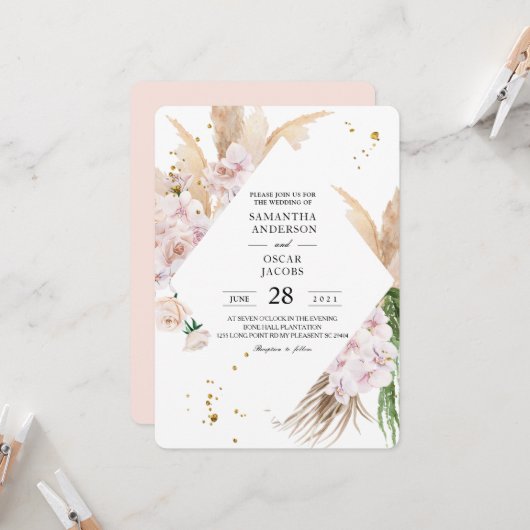 エレガントな蘭とパンパス フレーム 招待状 (正面/裏面インサイチュ)