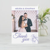 エレガントな蘭の花のモダンな紫の結婚式の写真 サンキューカード (スタンド正面)