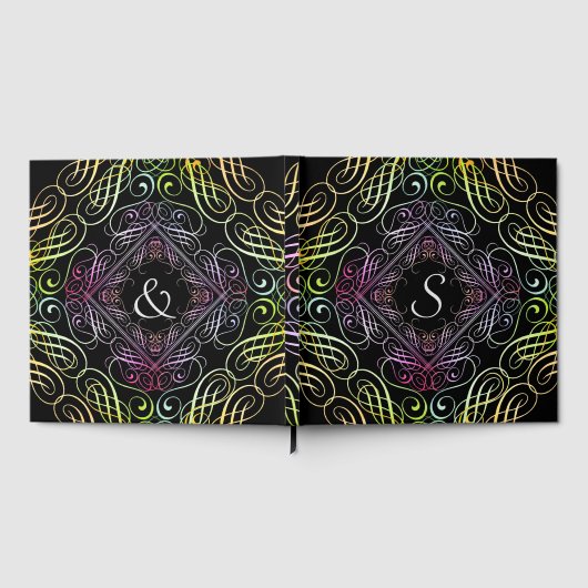 エレガントな虹のスクロールワークスクリプト（黒地） ゲストブック (全面)