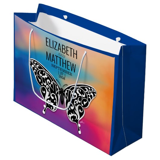 エレガントな蝶とカラフルな夕焼けのデザイン ラージペーパーバッグ (正面アングル)