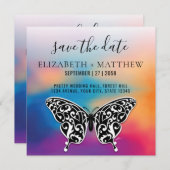 エレガントな蝶とカラフルな夕焼けのデザイン 招待状 (正面/裏面)