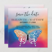 エレガントな蝶とカラフルな夕焼けのデザイン 招待状 (正面/裏面)