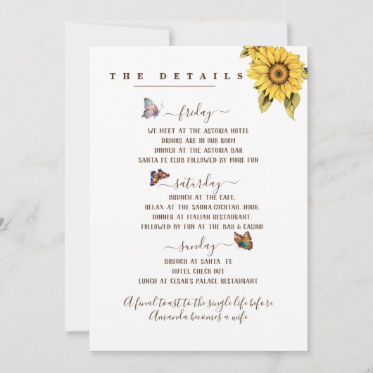 エレガントな蝶のひまわり独身最後の週末 招待状 (裏面)