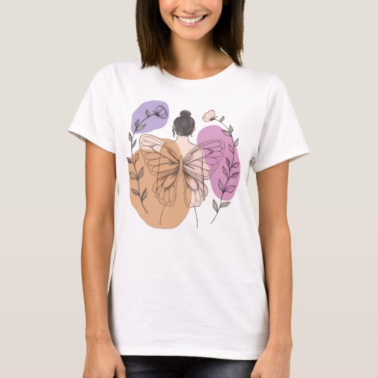 エレガントな蝶の妖精の女性の線画 Tシャツ (正面)