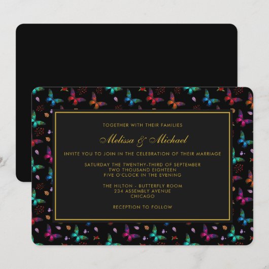 エレガントな蝶の模様が黒の結婚式招待状 招待状 (正面/裏面)