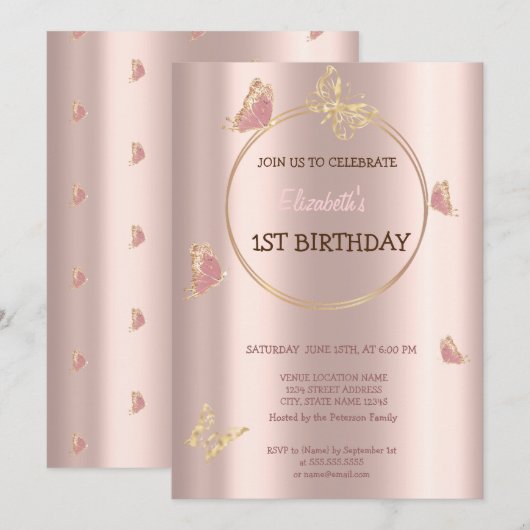 エレガントな蝶 ローズゴールド 誕生日 招待状 (正面/裏面)