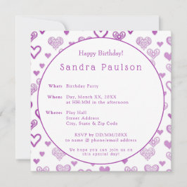 エレガントな装飾の紫色のハートの誕生日パーティー 招待状