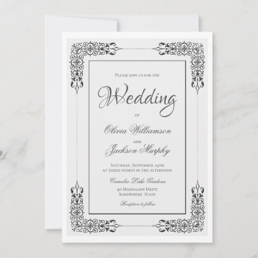 エレガントな装飾付きシルバーグレーとホワイトのレースのウェディング 招待状 (正面)