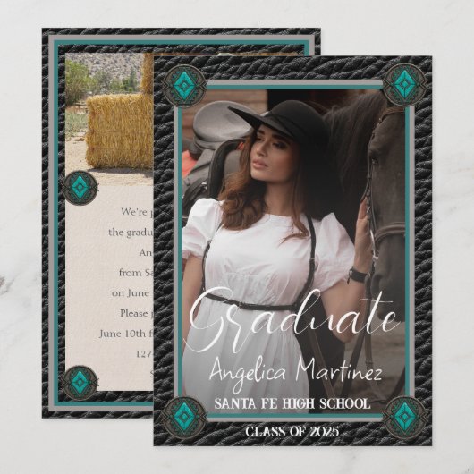 エレガントな西洋風ブラックレザーフォト卒業証書 招待状 (正面/裏面)