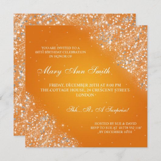 エレガントな誕生会のきらめくなグリッターのオレンジ 招待状 (正面/裏面)