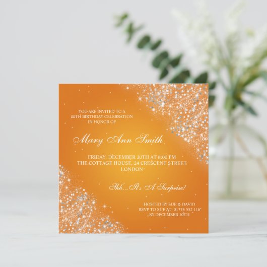 エレガントな誕生会のきらめくなグリッターのオレンジ 招待状 (スタンド正面)