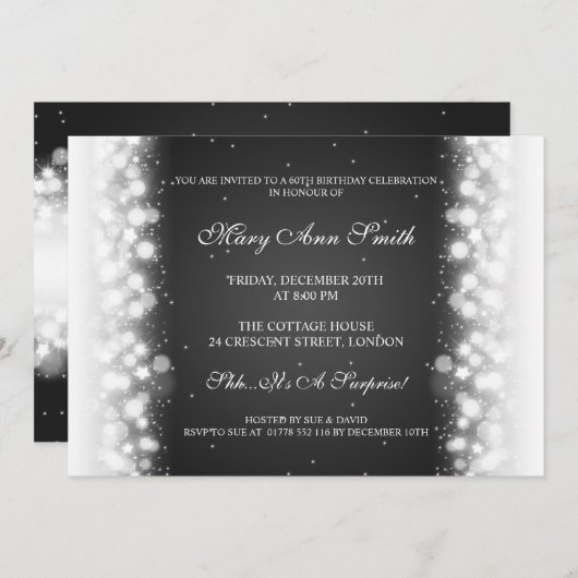 エレガントな誕生会の魔法の輝きの黒 招待状 (正面/裏面)