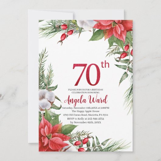 エレガントな誕生日お祝い冬の花がきらきら 招待状 (正面)