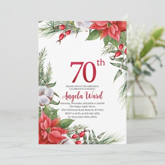 エレガントな誕生日お祝い冬の花がきらきら 招待状 (スタンド正面)