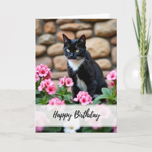エレガントな誕生日の黒猫の花のカード カード (正面)