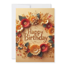 エレガントな誕生日カード ゴールドと赤の花のデザイン