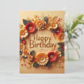 エレガントな誕生日カード　ゴールドと赤の花のデザイン 招待状 (スタンド正面)