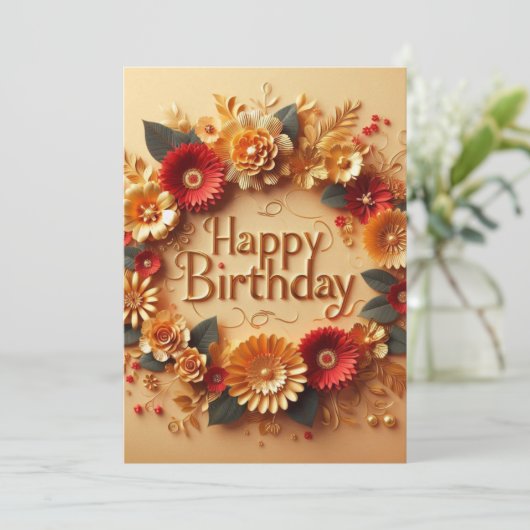 エレガントな誕生日カード　ゴールドと赤の花のデザイン 招待状 (スタンド正面)