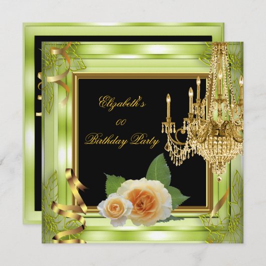 エレガントな誕生日グリーンゴールドのローズ 招待状 (正面/裏面)