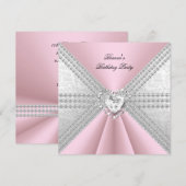 エレガントな誕生日シルバー ピンク ダイヤモンド ハート 招待状 (正面/裏面)