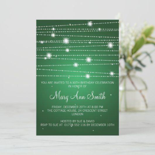 エレガントな誕生日パーティきらめくーの線(緑) 招待状 (スタンド正面)