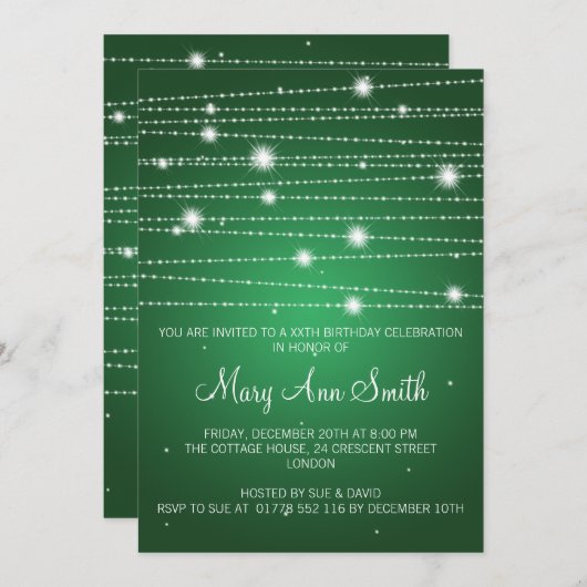 エレガントな誕生日パーティきらめくーの線(緑) 招待状 (正面/裏面)