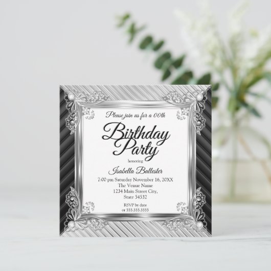 エレガントな誕生日パーティシルバークロムブラックダイヤモンド 招待状 (スタンド正面)