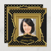 エレガントな誕生日パーティフォトブラック金ゴールド 招待状 (正面/裏面)