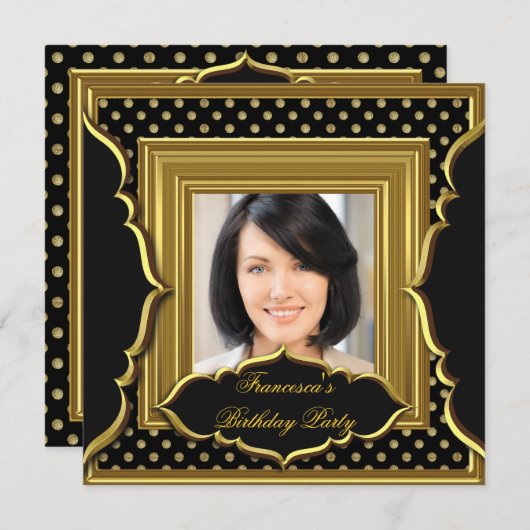エレガントな誕生日パーティフォトブラック金ゴールド 招待状 (正面/裏面)