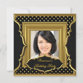 エレガントな誕生日パーティフォトブラック金ゴールド 招待状 (正面)