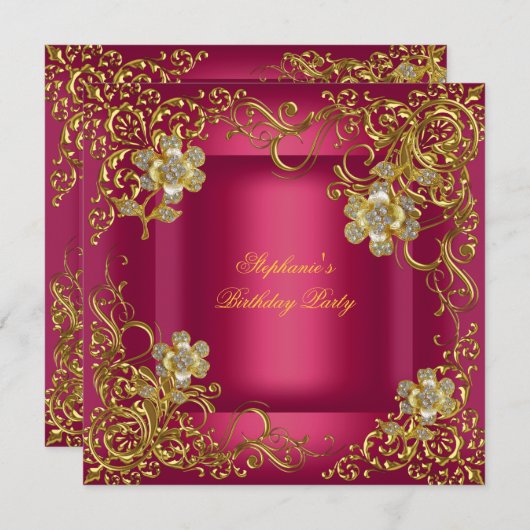 エレガントな誕生日パーティリッチピンク金ゴールド花 招待状 (正面/裏面)
