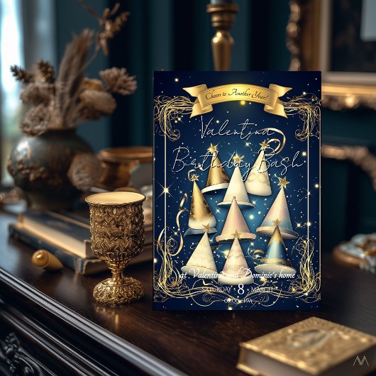 エレガントな誕生日パーティーの帽子 | エレガントなゴールド＆ネイビー 招待状