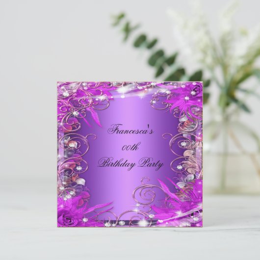 エレガントな誕生日パーティーシルバーピンクパープル 招待状 (スタンド正面)