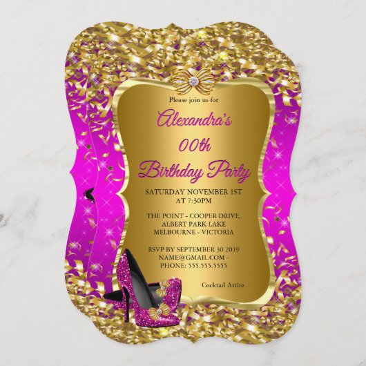 エレガントな誕生日パーティーピンクマゼンタ金ゴールドハイヒール 招待状 (正面/裏面)