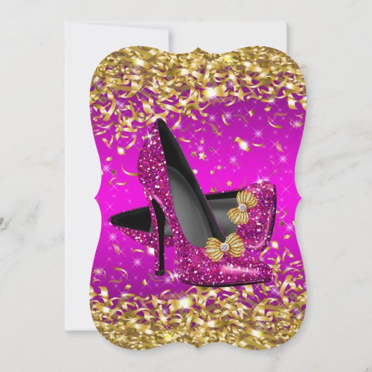 エレガントな誕生日パーティーピンクマゼンタ金ゴールドハイヒール 招待状 (裏面)