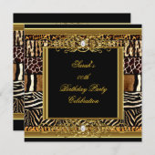エレガントな誕生日パーティーブラック金ゴールド混合動物 招待状 (正面/裏面)