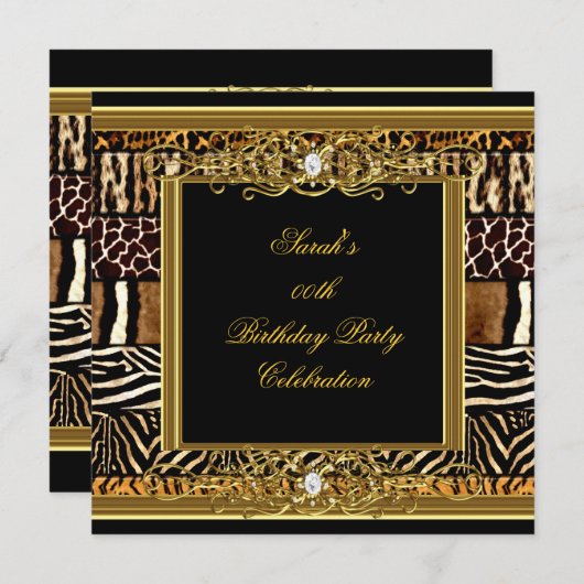 エレガントな誕生日パーティーブラック金ゴールド混合動物 招待状