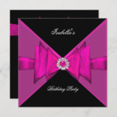 エレガントな誕生日パーティーホットピンクブラックダイヤモンド 招待状 (正面/裏面)