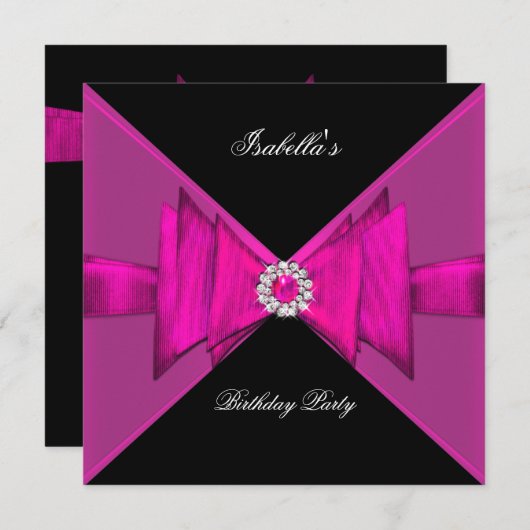 エレガントな誕生日パーティーホットピンクブラックダイヤモンド 招待状 (正面/裏面)