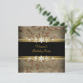 エレガントな誕生日パーティー ゴールド ブラック フラワー ブラウン 招待状 (スタンド正面)