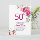 エレガントな誕生日パーティー  フラワーのグリッター 50歳の誕生日 招待状 (スタンド正面)
