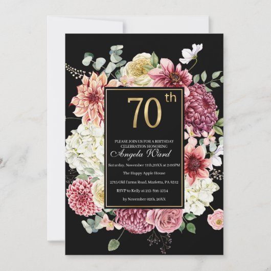 エレガントな誕生日パーティー　フラワーのグリッター　70歳 招待状 (正面)