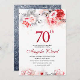 エレガントな誕生日パーティー　フラワーのグリッター　70歳 招待状