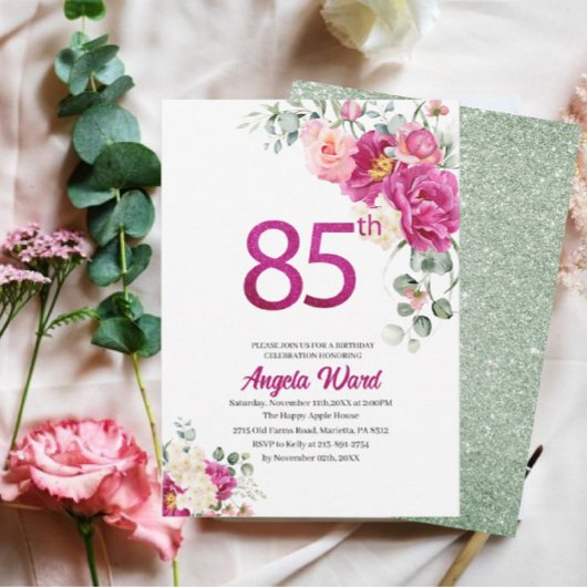 エレガントな誕生日パーティー フラワーのグリッター 85歳 招待状