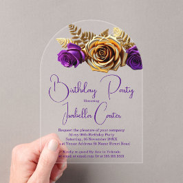 エレガントな誕生日パーティー 紫 ゴールド 花 アクリル招待状