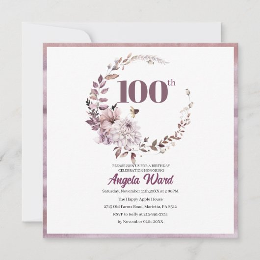 エレガントな誕生日パーティー 花のグリッター 100歳 招待状 (正面)