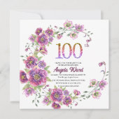 エレガントな誕生日パーティー 花のグリッター 100 招待状 (正面)