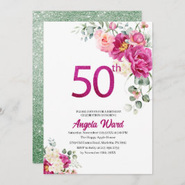 エレガントな誕生日パーティー 花のグリッター 50歳 招待状