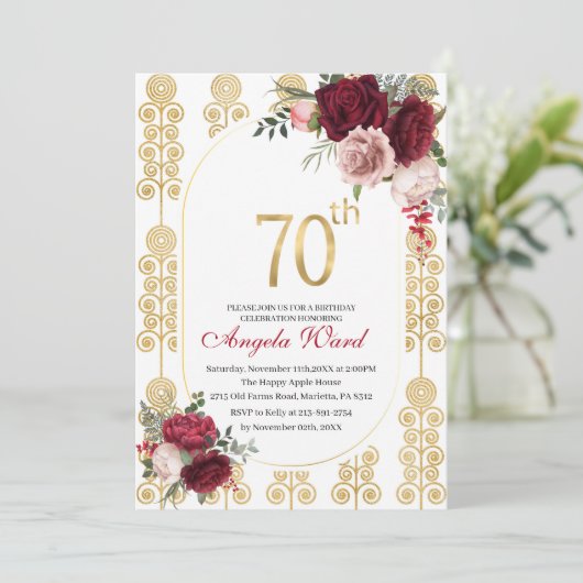 エレガントな誕生日パーティー 花のグリッター 70歳 招待状 (スタンド正面)